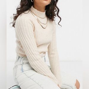 cream beige cropped ribbed mockneck turtleneck sweater